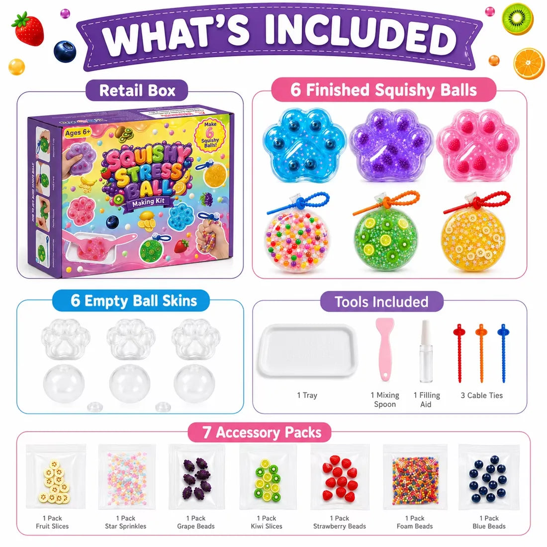 DIY squishy kit contents reference: six shells, seven decoration packs, tray, spoon, filling aid and ties