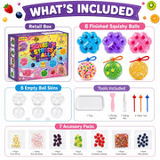DIY squishy kit contents reference: six shells, seven decoration packs, tray and tools